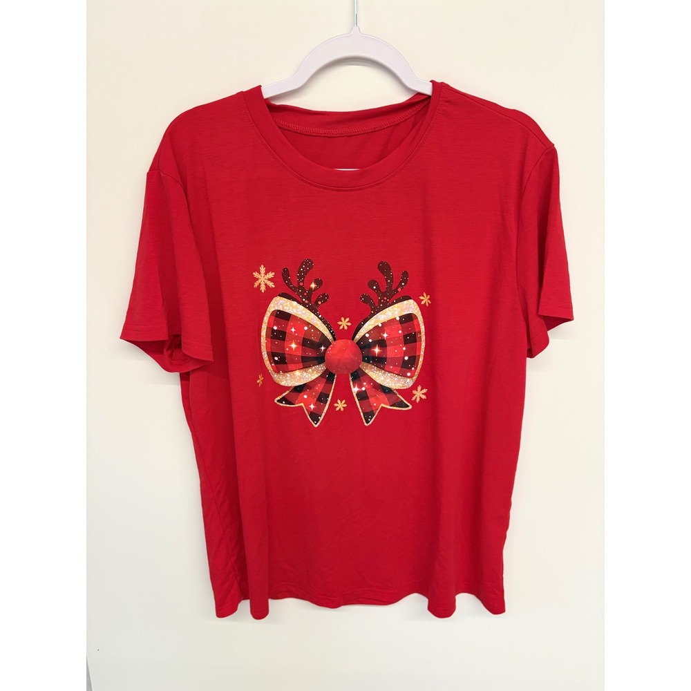 Holiday Festive T Shirt Reindeer Antler Plaid Bow Christmas Women XXL Red